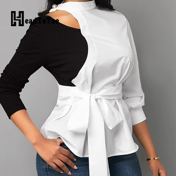 

Women Colorblock Cut Out Shoulder Tied Waist T Shirts Ladies Long Sleeve Mock Neck Casual Tops Workwear