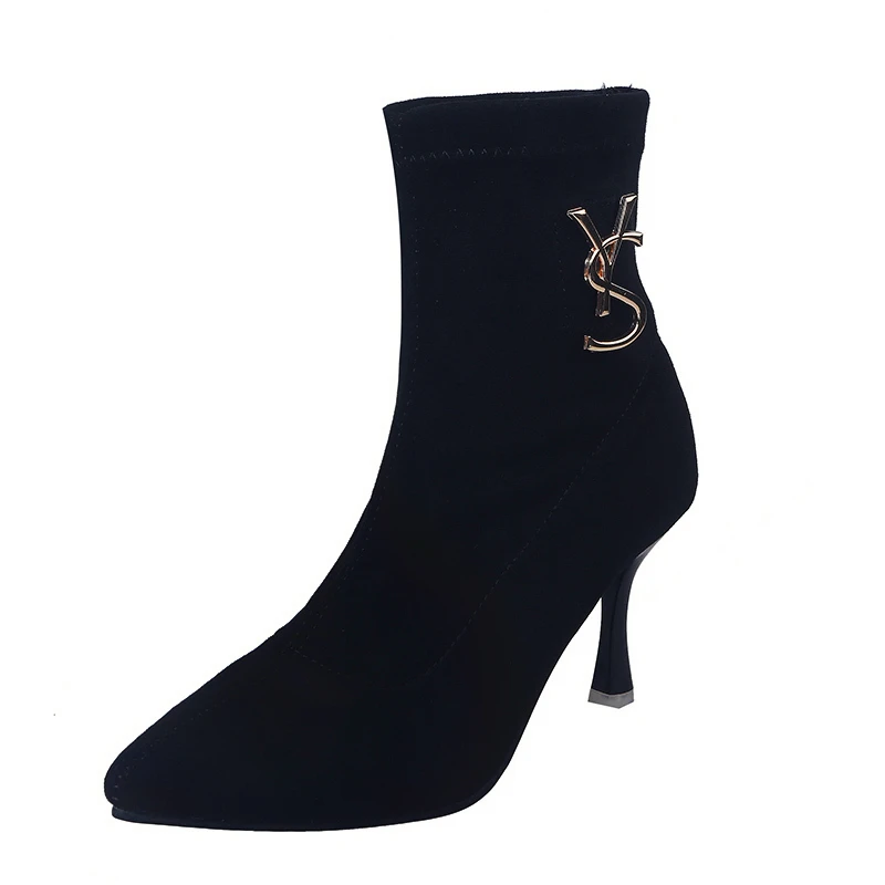 Nuevas botas De Mujer botas De ante al tobillo tacones altos Zapatos De otono botas negras De invierno Zapatos De Mujer puntiagu - Цвет: Black