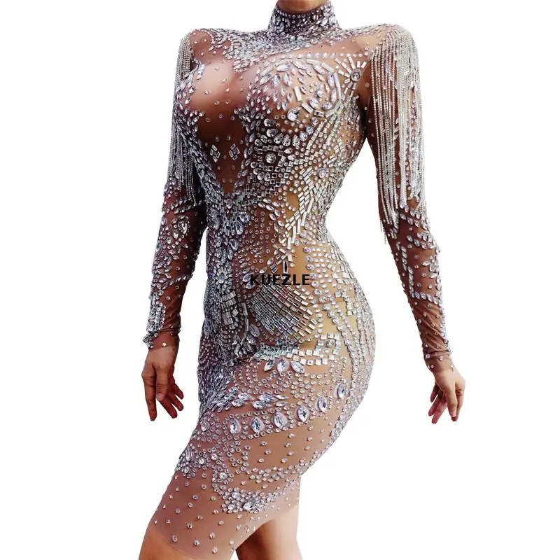 

Rhinestone singer performance Dresses women model Dj net yarn tassel short skirt bag hip Dress dress stage performance clothing