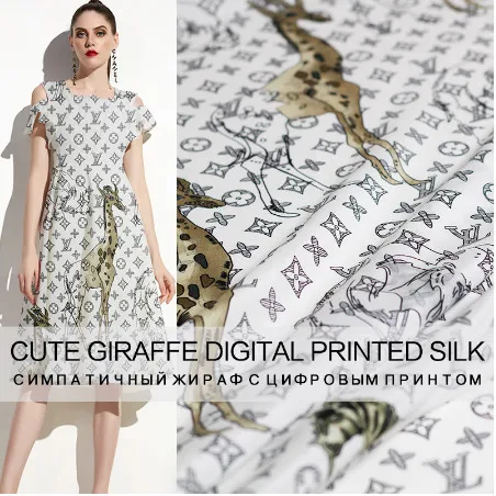 

140cm Width 12mm Animal Giraffe Print 100% Mulberry Silk Crepe de Chine Fabric for Woman Summer Dress Blouse Pants DIY Sewing