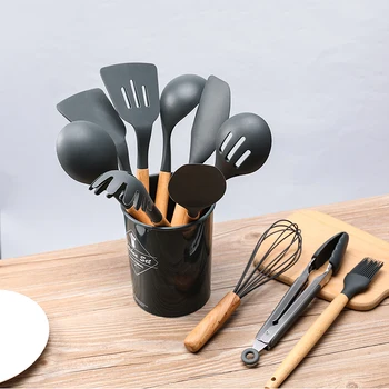 

12pcs Kitchen Non-Stick Utensil Set Silicone Cooking Tools Set Household Wooden Heat Resistant Cooking Utensils With Storage Box