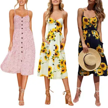 

Summer Women Dress Vintage Sexy Bohemian Floral Tunic Beach Dress Sundress Pocket Strappy Dress Striped Female Vestidos