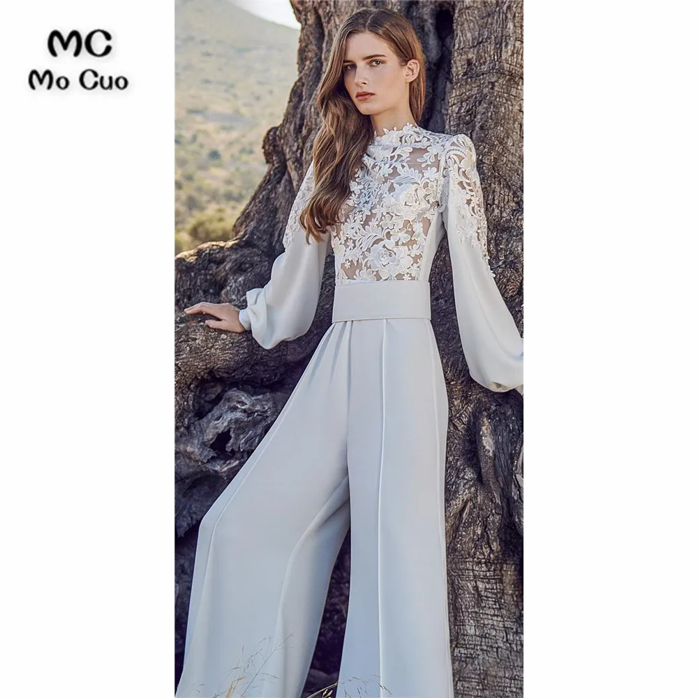 Elegant Wedding Jumpsuits High Neck Lace Long Sleeve Bohemian Wedding Dress Custom Made Pants Suit Beach Robes De Mariée (3)