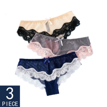 

Elovegirl 3pcs Women Panties Sexy Lace Underwear Women Dot Breathable Hollow Transparent Female Briefs Briefs M-XL Woman