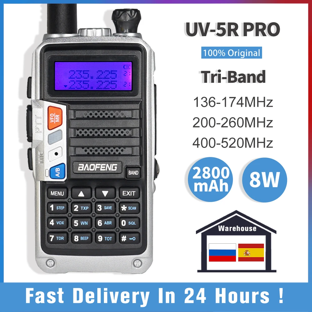 Трехдиапазонное радио BaoFeng UV-5R Pro Walkie Talkie 8W высокомощное двухстороннее 220-260 МГц
