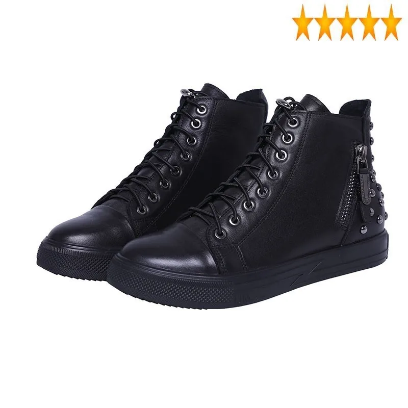 

Rivet Lace Up Fashion Women Leather Ankle Casual High Top Flats Motorcycle Biker Boots Punk Ladies Round Toe Zipper Shoes