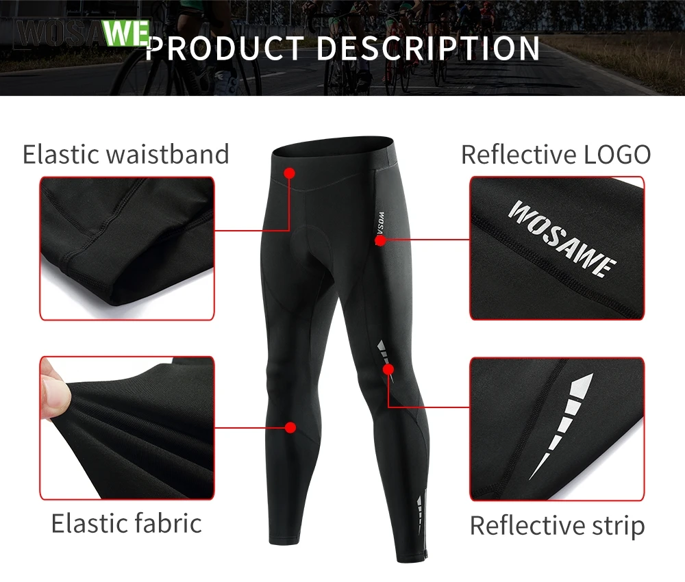 WOSAWE Cycling Pants Winter Fleece Thermal Bicycle Tights Men Cycling Pants Windproof Bike Reflective Gel Padded Long Trousers