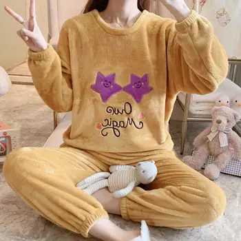 

Winter New Flannel 2PCS Pajamas Suit Cute Cartooon Star Sleepwear Women Pajama Sweet O-Neck Thicken Home Wear Lounge Nightwear