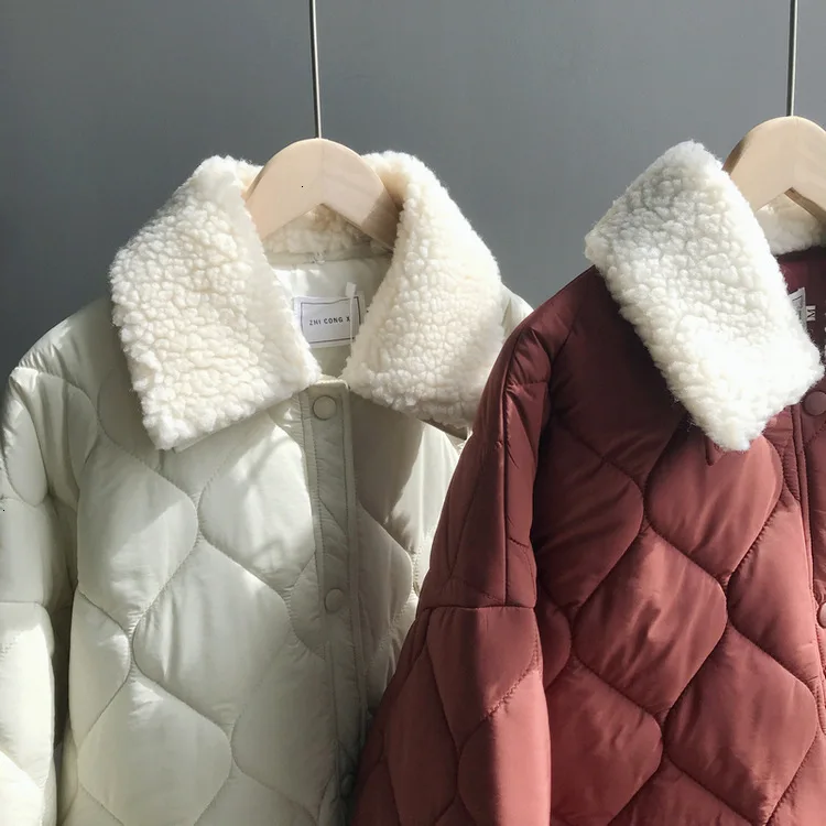 Mooirue autumn Winter jacket coat female Small Cotton-padded Loose Short Diamond Lattice Ins Cotton solid color coat