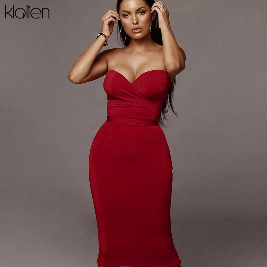 KLALIEN Autumn Elegant stretch Slim off shoulder midi Dress women fall winter Sexy club Party night Strapless bodycon Dress