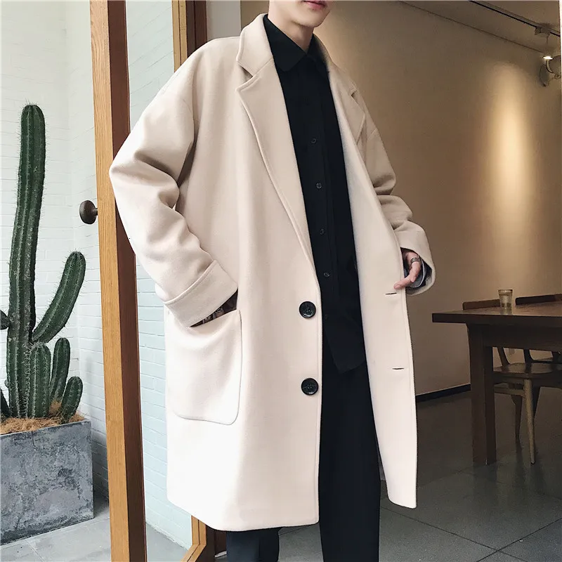 

Winter Woolen Coat Men Fashion Solid Color Casual British Wind Long Coat Men Streetwear Wild Loose Woolen Jacket Man Overcoat