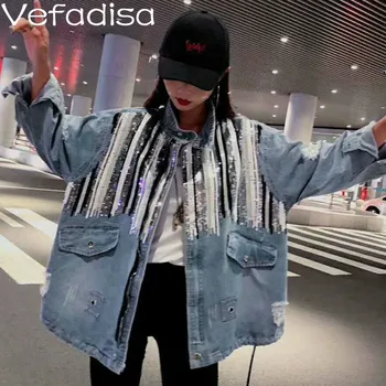 

Vefadisa Autumn Woman Striped Sequined Cowboy Coat Casual Full Sleeve Zipper Coat Loose Turn-down Collar Coat 2019 QYF089