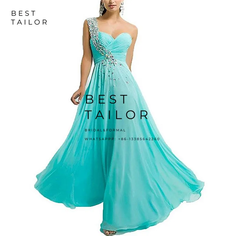 long sleeve prom dresses Blue Prom Dresses 2021 Beads Crrystals One Shoulder Lace Up Long Prom Gowns Turquoise vestido de fiesta largos noche robe soiree ball gown dress