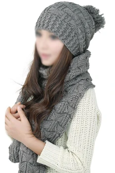 

Women's Winter Knitted Scarf and Hat Set Thicken Skullcaps-gray