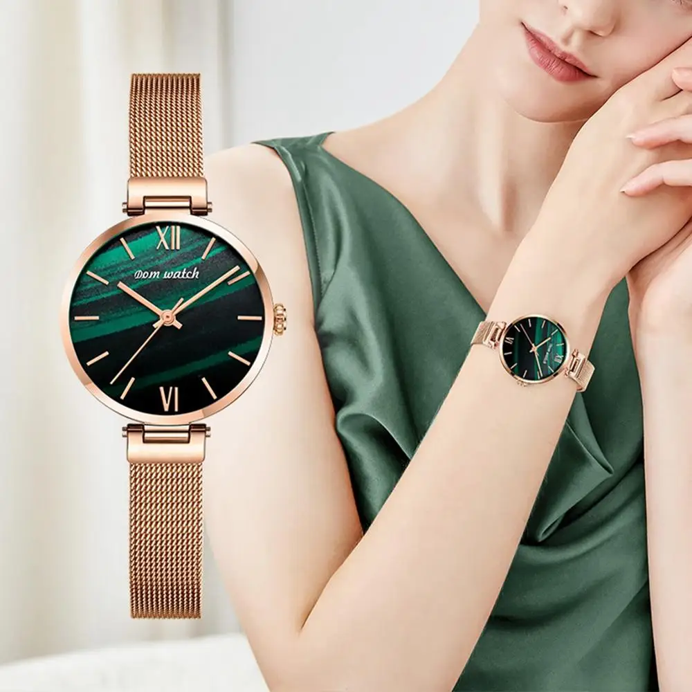 DOM женские часы Лидирующий бренд роскошные розовое золото сетчатый ремешок
