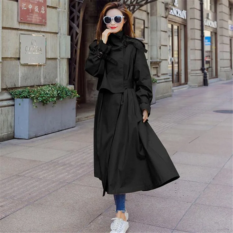 black TANG Новая мода осень/Осень Женские однотонные повседневные Простые Классические Макси Тренч длинное пальто шикарная Женская ветровка - Цвет: black