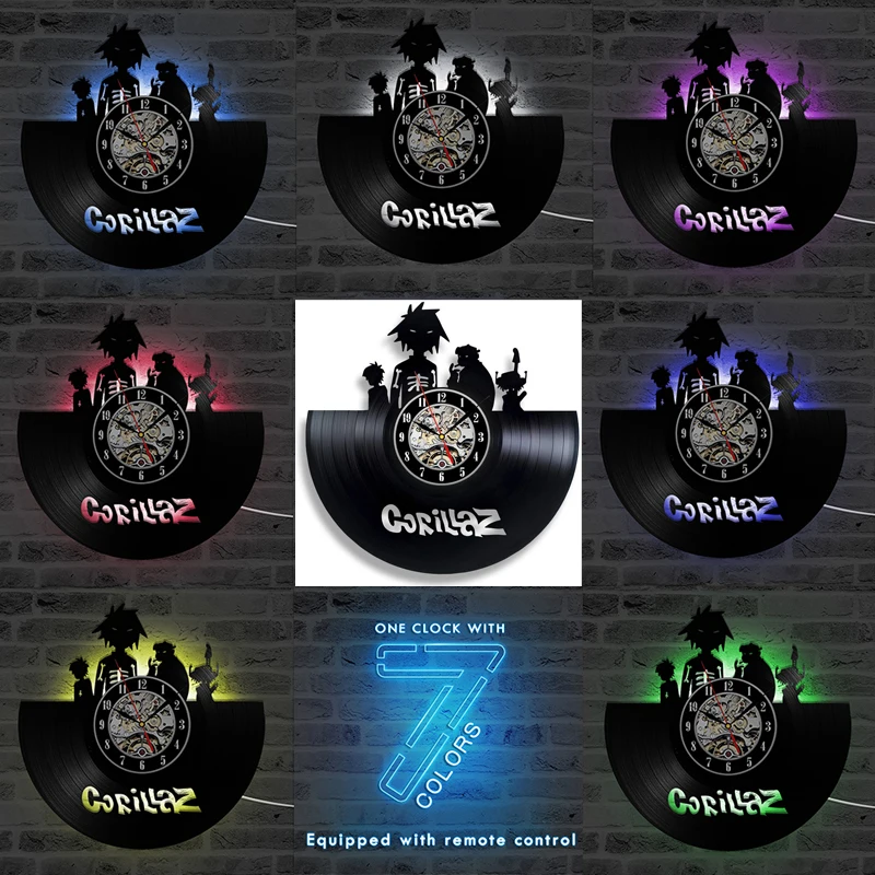 Продуктовый Gorillaz светодиодный настенные часы Современный виниловый часы с 7 цветами светодиодный светильник милые Мультяшные настенные домашние декоративные часы