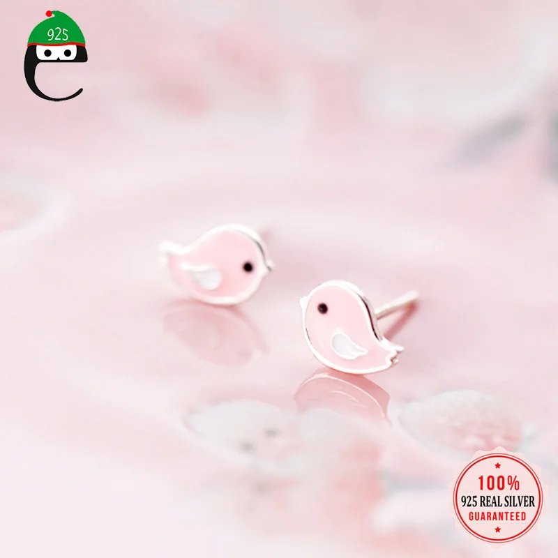 

ElfoPlataSi 100% 925 Soild Sterling Silver Women Pink Birds 8mmX6mm Stud Earrings Gift For Teen School Girls Kids XY616