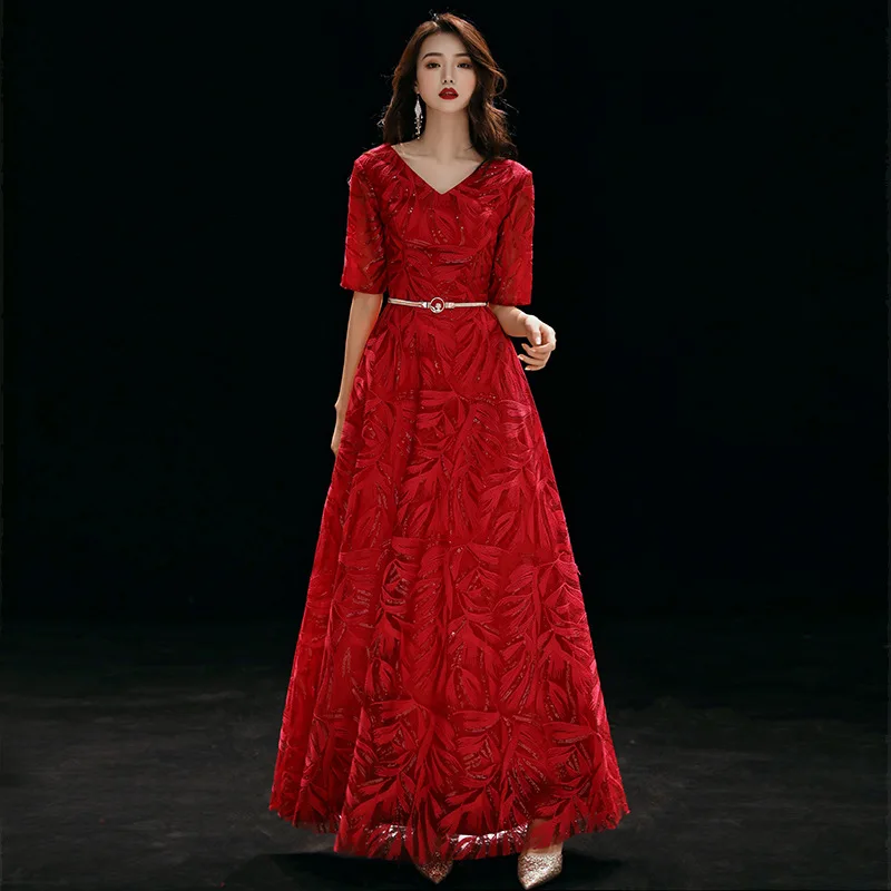 

Elegant Red Evening Dresses Shining Sequin Pattern A Line Formal Party Dress V-Neck Half Sleeve Floor Length Women Vestidos K251