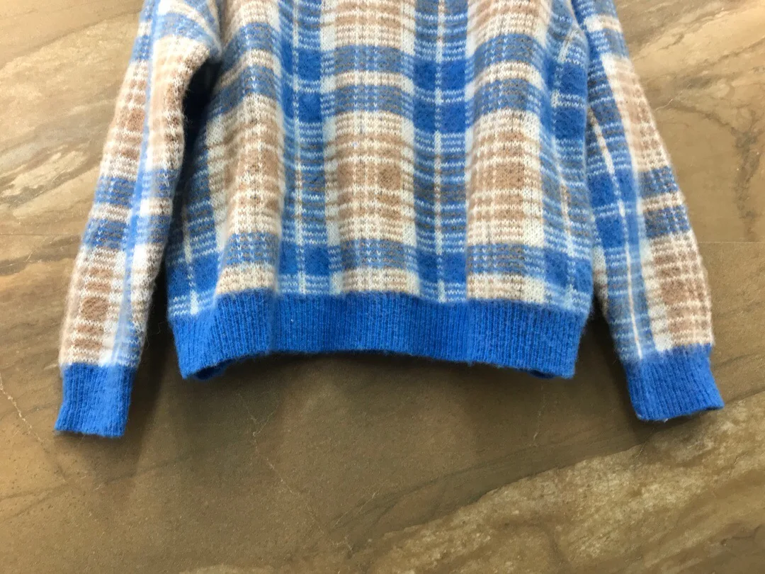 New Autumn and Winter New Blue Wool Plaid Loose Knit Pullover Sweater Women Free Shipping