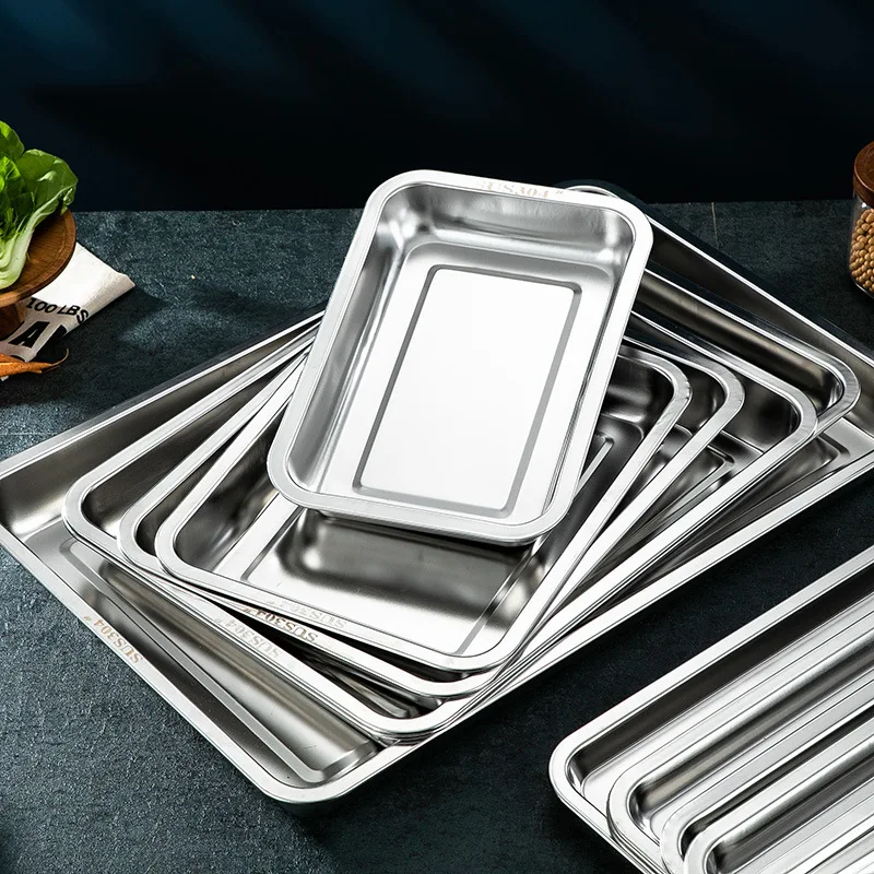 304 Stainless Steel Barbecue Tea Storage Serving Trays Rectangle Steamed Rice Sausage Plate Grill Meat Restaurant Metal Utensils 5