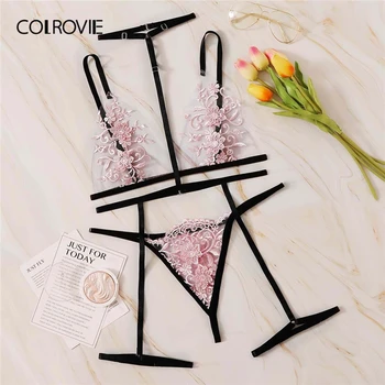 

COLROVIE Floral Lace Garter Lingerie Set With Choker Women Embroidery Mesh Pink Intimates 2019 Bralettes Solid Sexy Bra Sets