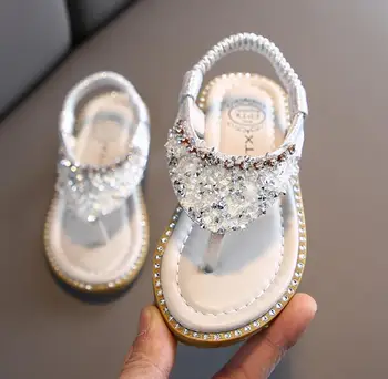 

New Fashion Leather Rhinestone Princess Flip Sandals Childrens Girls Kids Soft Bottom Beach Sandals