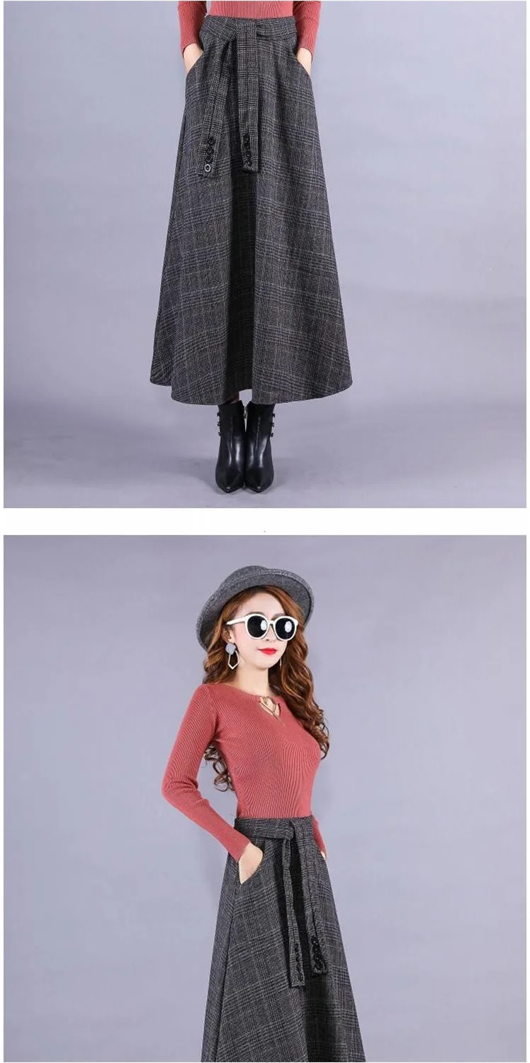 New Autumn Winter Women Fashion Sashes Plaid High Waist Skirt Pleated Sweet Style Woollen Women Skirts AQ687