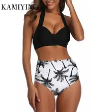 2020 Fashion swimwear women two piece Retro Halter Ruched High Waist Print Bikini Set Black Polyester Swimwear 2020 Fashion swimwear women two piece Retro Halter Ruched High Waist Print Bikini Set Black Polyester Swimwear