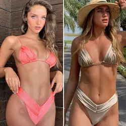 Newest Sexy Bikinis Female Micro Folds Swimwear Women High Cut Bikini Set String Swimming Suit for Women White Seaside Swimsuit