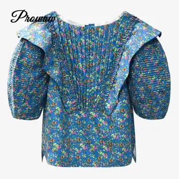 

Brand Design 2020 Summer Women Short Top Blue Blouse Floral Print Scalloped Lantern Sleeve Side Slit Short Sleeve Shirt Clothes