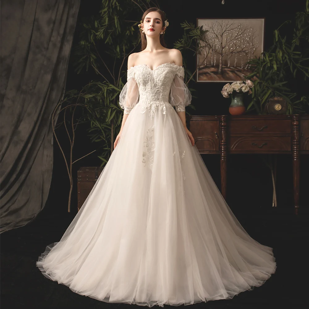Свадебные платья Boho Vestido De Casamento, с вырезом лодочкой, с короткими рукавами, на шнуровке, с аппликацией из бисера, вуаль, свадебные платья Sukienki