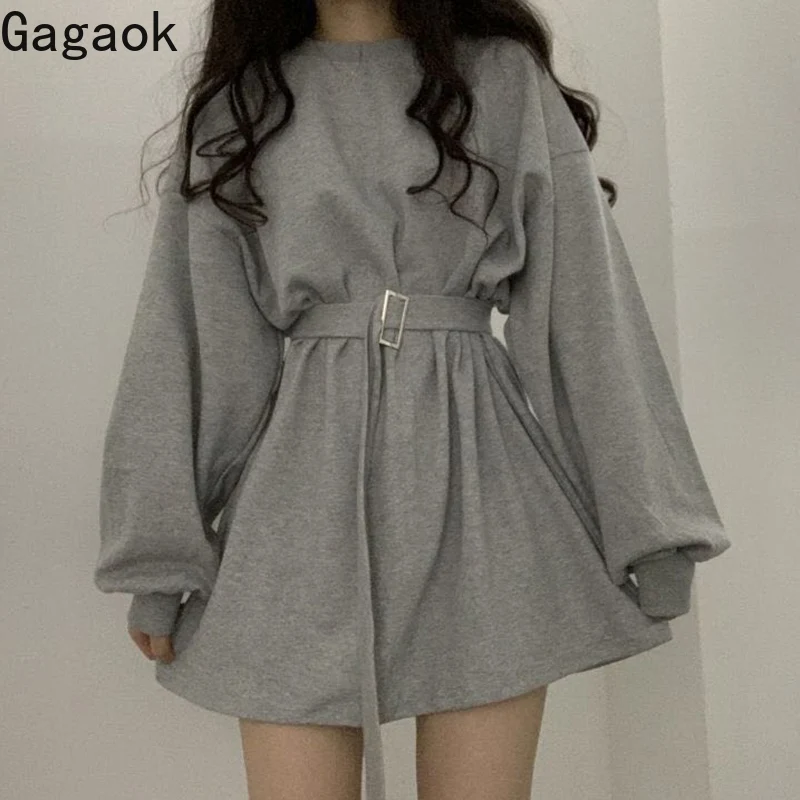 

Gagaok Women Casual Dress Spring Autumn New Solid O-Neck Lantern Sleeve Sashes Mini Sexy Wild Loose Female Fashion Dresses Ins
