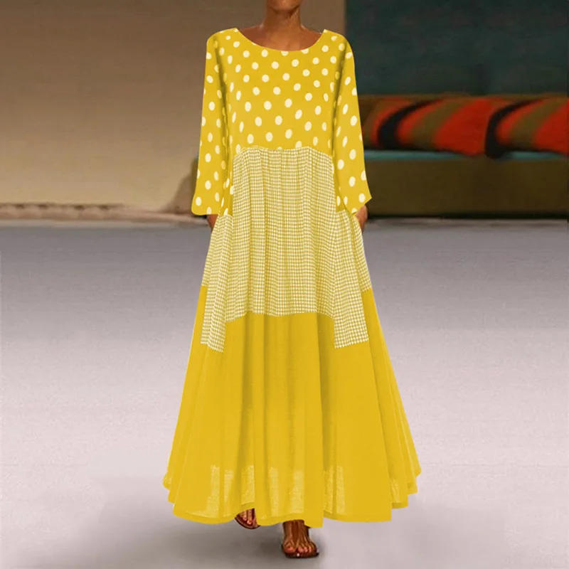 

Women Casual Baggy Polka Dot Dress Round Neck Long Sleeve Stitching Plaid Dress