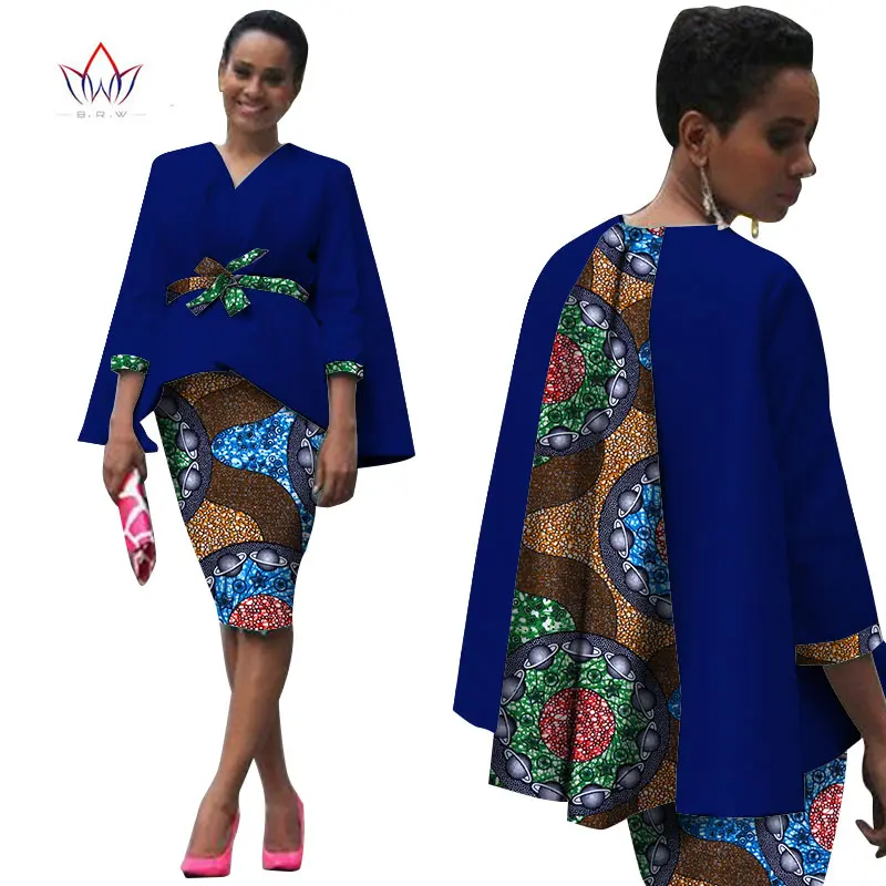 Африканский стиль, женская африканская одежда, комплект из двух предметов, платье, костюм для женщин, топы, куртка и юбка с принтом, Bazin Riche, одежда WY809 - Цвет: 1