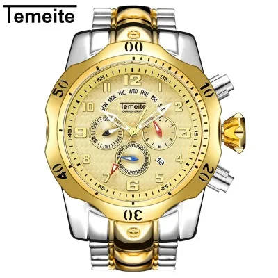 Inter-Gold Мужские модные часы TEMEITE, брендовые, с хронографом, многофункциональные, с календарем, светящиеся, водонепроницаемые часы для мужчин, s Quart, часы из стали, подарок - Цвет: Inter-Gold