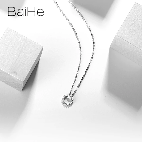 BAIHE Solid 18 K, белое золото, сертифицированный 0.08ct H/SI круглый, натуральные бриллианты, женское изысканное украшение на свадьбу, Подарочные ожерелья