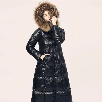 Качественное женское пуховое пальто с большим меховым воротником,, зимние парки, пальто, повседневное длинное пальто, фенимин, теплый белый утиный пух, плюс sizeS-6xl - Цвет: black