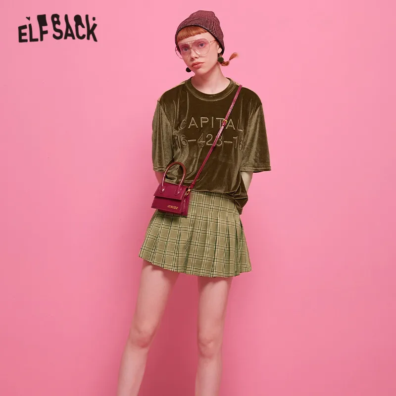 ELFSACK однотонные бархатные женские рубашки с буквенным принтом осень 2019