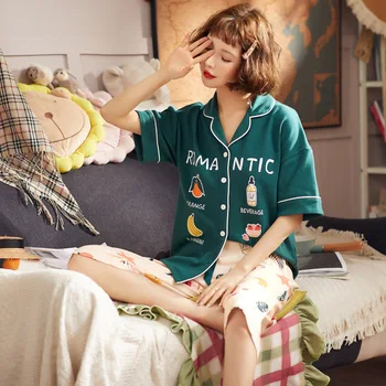 

Cotton 2PCS Female Pajamas Set Sexy Print Cute Catroon Pyjamas Sweet Letter Sleepwear Tether Pocket Shorts Summer Home Clothes