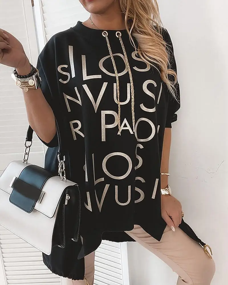 Women Letters Print Split T-shirt Dress Loose Round Neck Short Sleeve A-Line Party Ladies Casual Patchwork Knee Dresses | Женская одежда