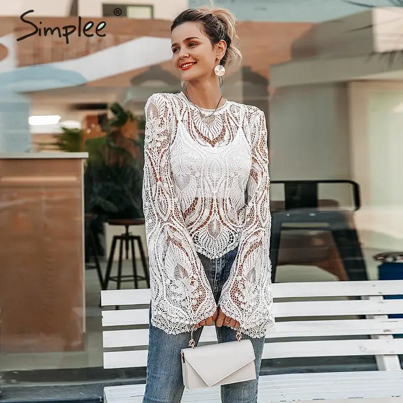 Simplee Sexy выдалбливают кружевные женские блузкa Элегантный расклешенный Прозрачный топ