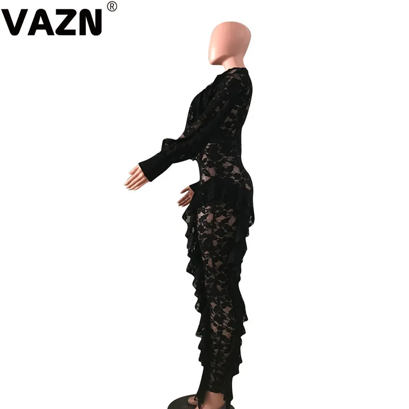 VAZN YD8042 модные синие плиссированные кружевные новые длинные штаны сексуальный женский комбинезон с круглым вырезом и длинными рукавами сплошные спортивные костюмы длинный комбинезон