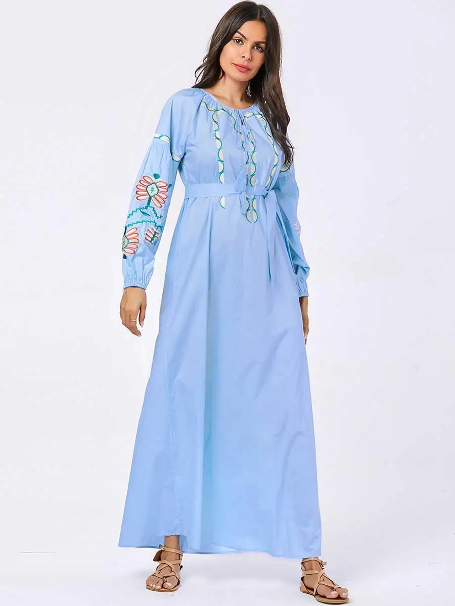 Мусульманские женские буфы на рукавах с вышивкой abaya кафтан с длинным рукавом Макси Вечерние коктейльные платья jilbaw свободная Исламская