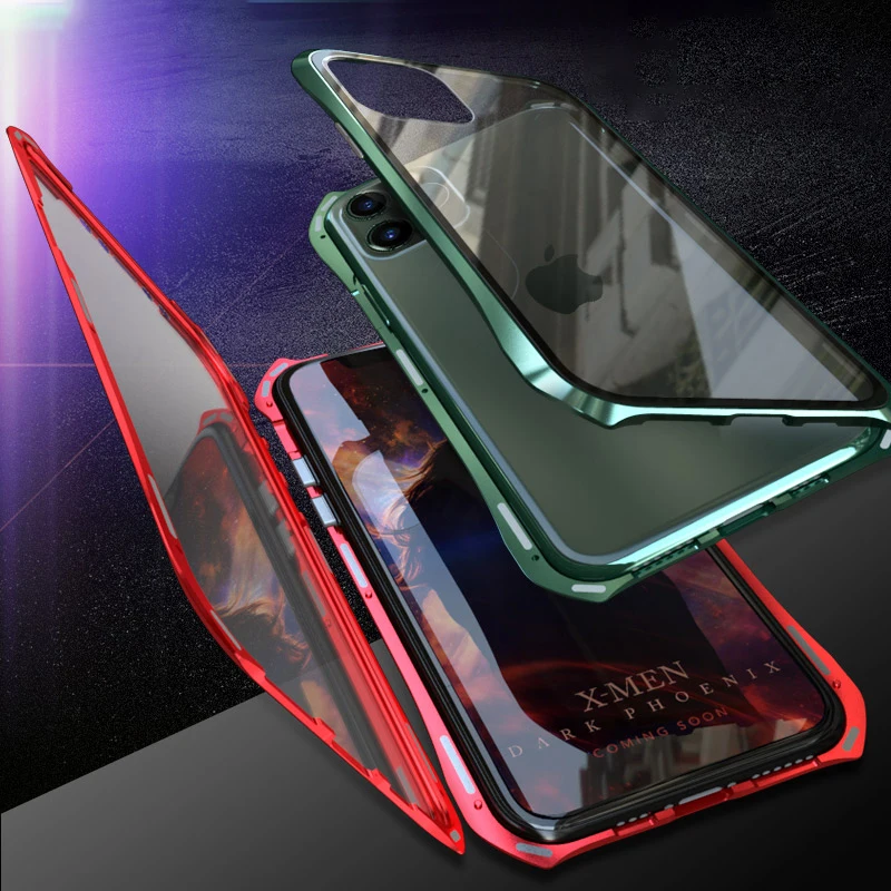 Металлический чехол с магнитной адсорбцией для iPhone 11 11 Pro Max, чехол с откидной крышкой, двусторонний чехол из закаленного стекла для iPhone 11 Pro, чехол для телефона