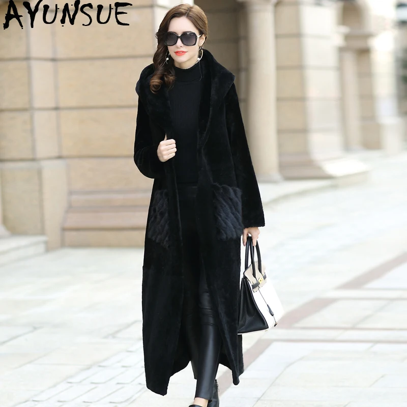

AYUNSUE Luxury Double Faced Fur Coat Female Natural Sheep Shearling Fur Coats Winter Jacket Women Genuine Leather Jacket MY3995
