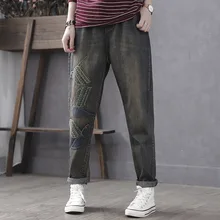 Весенне-осенние джинсы в стиле ретро женские свободные джинсы с эластичной резинкой на талии новые женские повседневные джинсовые брюки с вышивкой и карманами