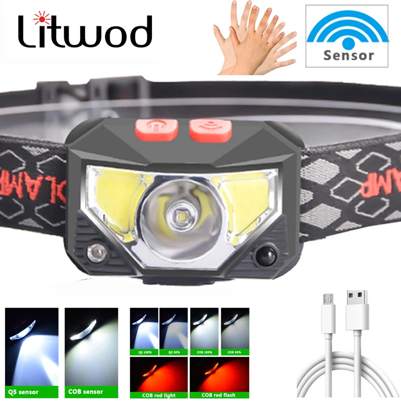 

Sensor Led Headlamp XP-G Q5 Built in Battery Head Flashlight Lamp Headlight Bulbs Lights Running Waterproof White Red Color C02