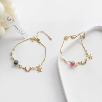 

Sweet Jewelry Bracelet Link Chain With Simulated Star Moon Glass Bead Charm Bracelet Popular Jewelry Girl Student Party Gifts