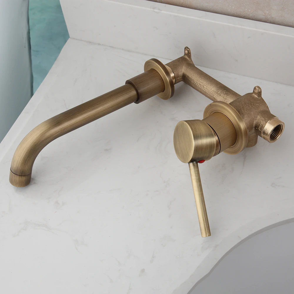 KEMAIDI Brass Bathroom Basin Faucet Wall Sink 360 Swivel Spout Wall Mounted Bath Mixer Tap Crane Antique Bronze Finished